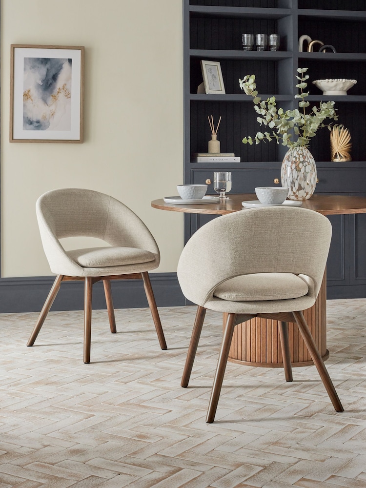 Set of 2 Tweedy Plain Light Natural Hewitt Upholstered Dark Wood Leg Dining Chairs - Image 1 of 7