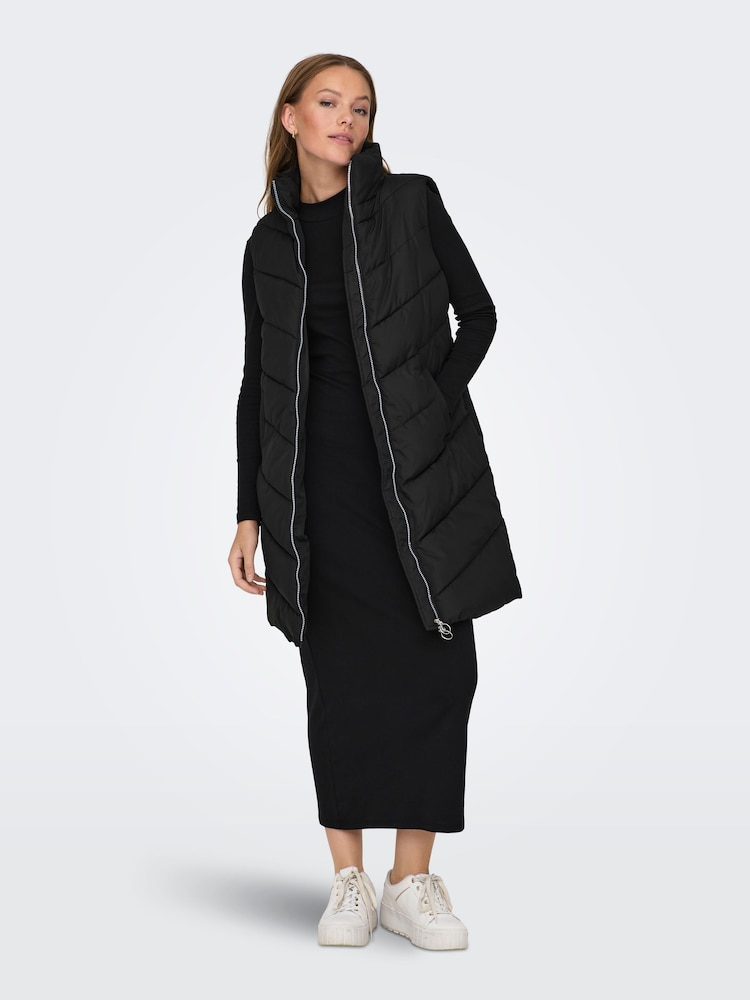 JDY Black Longline Padded Quilted Gilet - Image 1 of 7
