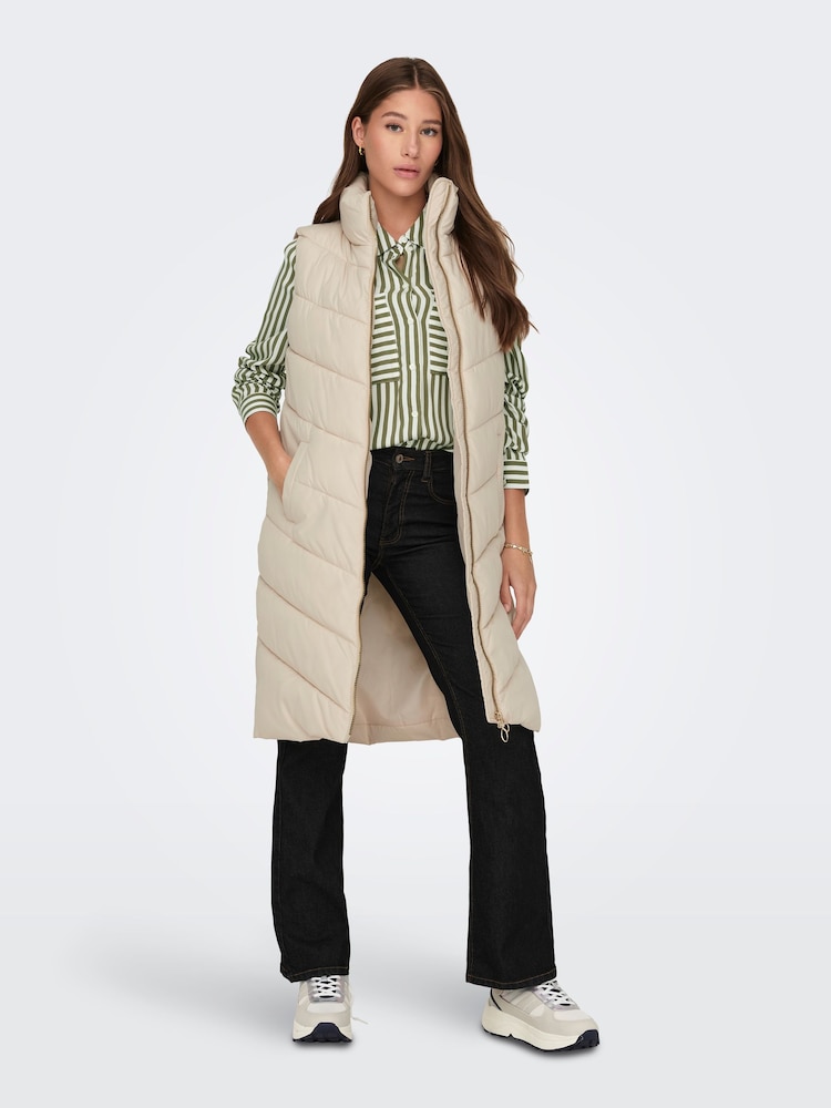 JDY Cream Longline Padded Quilted Gilet - Image 1 of 7
