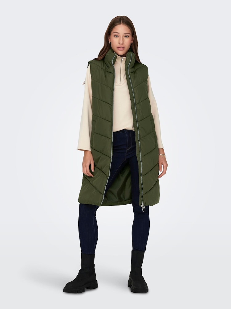 JDY Green Longline Padded Quilted Gilet - Image 1 of 7