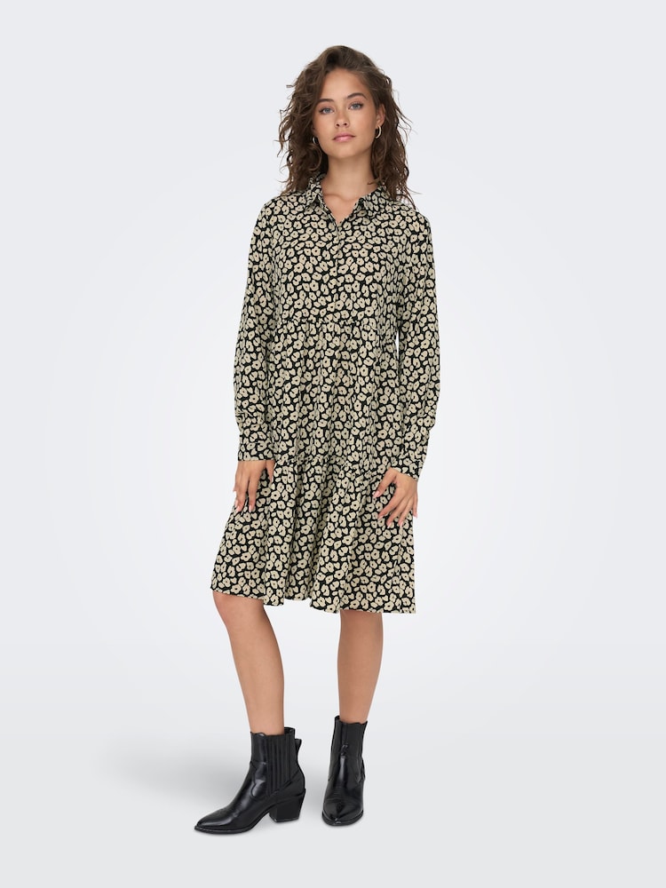 JDY Black/Cream Tiered Shirt Smock Dress - Image 1 of 7
