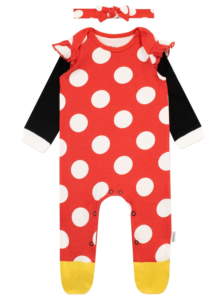 Character Red 100% Cotton Minnie Mouse Polka Dot Sleepsuit with Headband - Image 1 of 3
