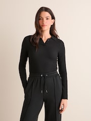 Black Long Sleeve Textured Collared Polo Shirt - Image 1 of 5