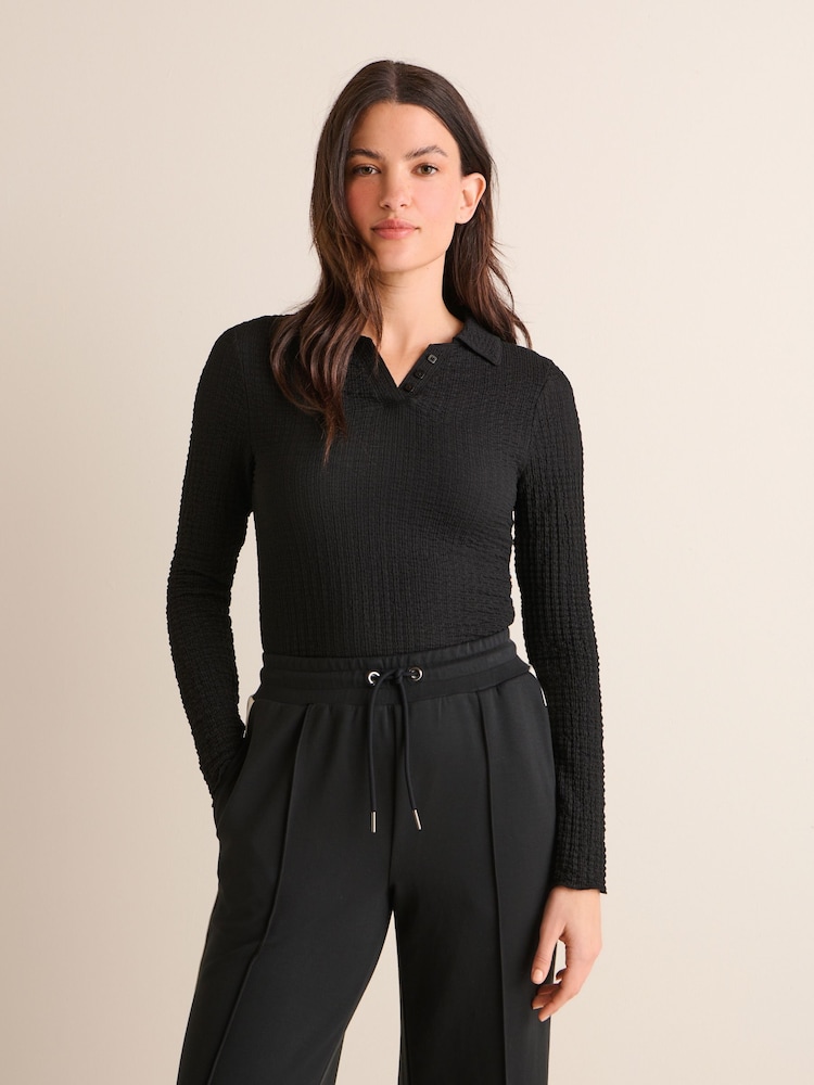 Black Long Sleeve Textured Collared Polo Shirt - Image 1 of 5