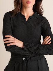 Black Long Sleeve Textured Collared Polo Shirt - Image 4 of 5