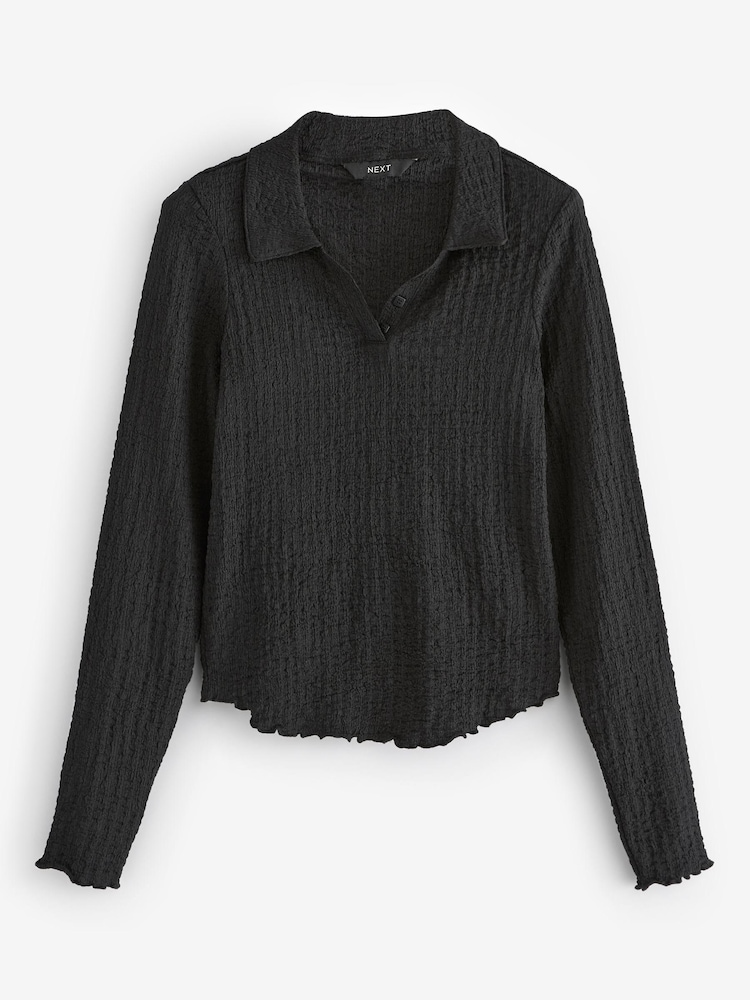 Black Long Sleeve Textured Collared Polo Shirt - Image 5 of 5