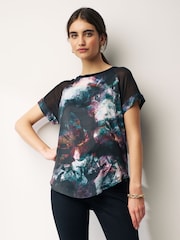 Blurred Floral Woven Mix Short Sleeve Raglan T-Shirt - Image 1 of 7