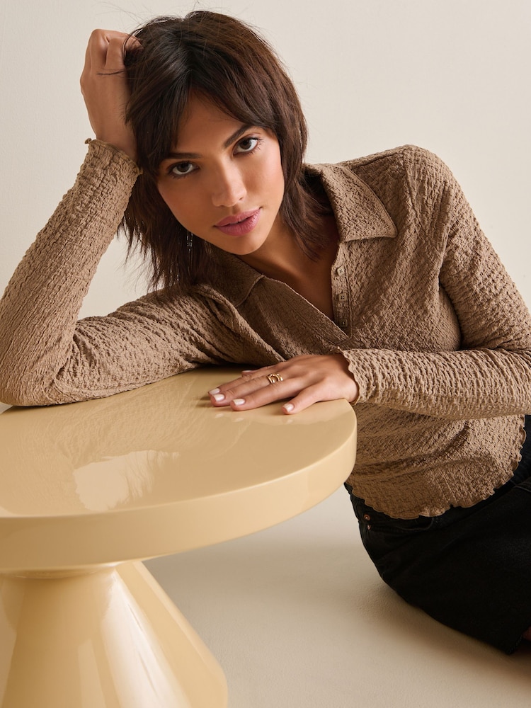 Mink Long Sleeve Textured Collared Polo Shirt - Image 1 of 2