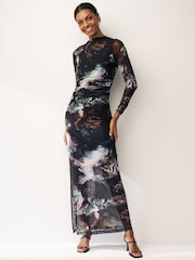 Blurred Floral Long Sleeve Ruched Mesh Midi Dress - Image 1 of 6