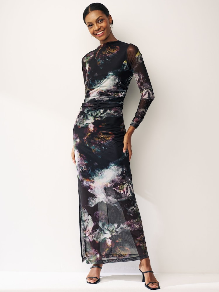 Blurred Floral Long Sleeve Ruched Mesh Midi Dress - Image 1 of 6