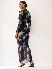 Blurred Floral Long Sleeve Ruched Mesh Midi Dress - Image 2 of 6