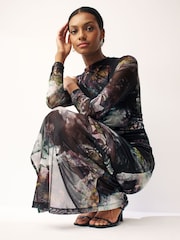 Blurred Floral Long Sleeve Ruched Mesh Midi Dress - Image 3 of 6