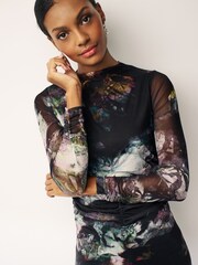 Blurred Floral Long Sleeve Ruched Mesh Midi Dress - Image 4 of 6