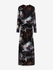Blurred Floral Long Sleeve Ruched Mesh Midi Dress - Image 5 of 6