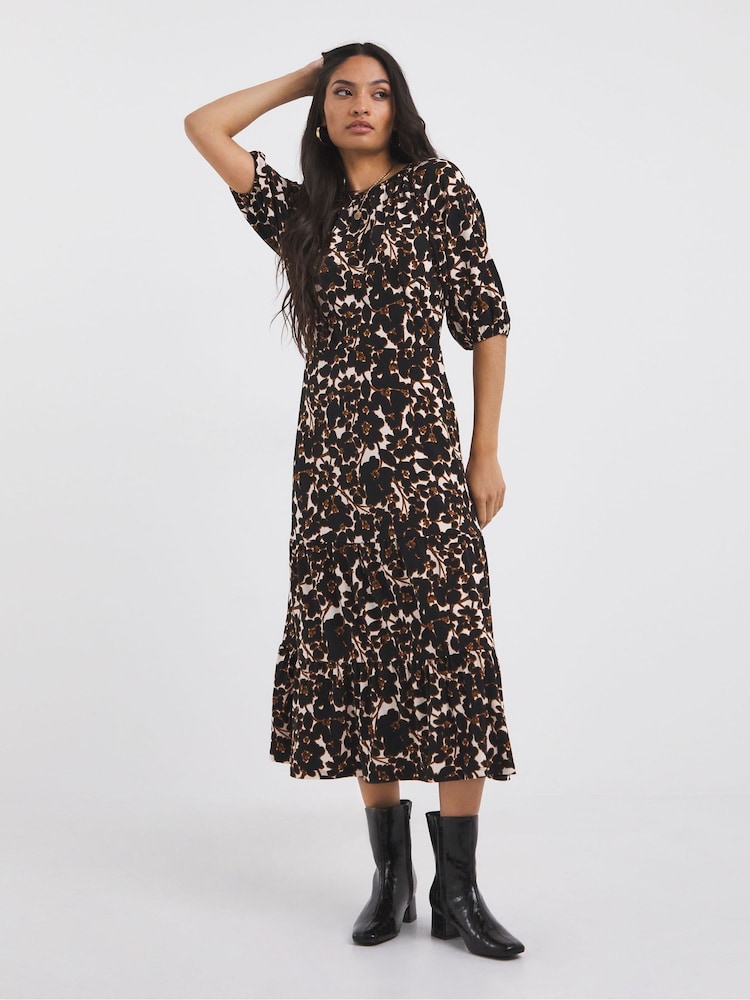 JD Williams Brown Print Jersey Smock Dress - Image 1 of 4