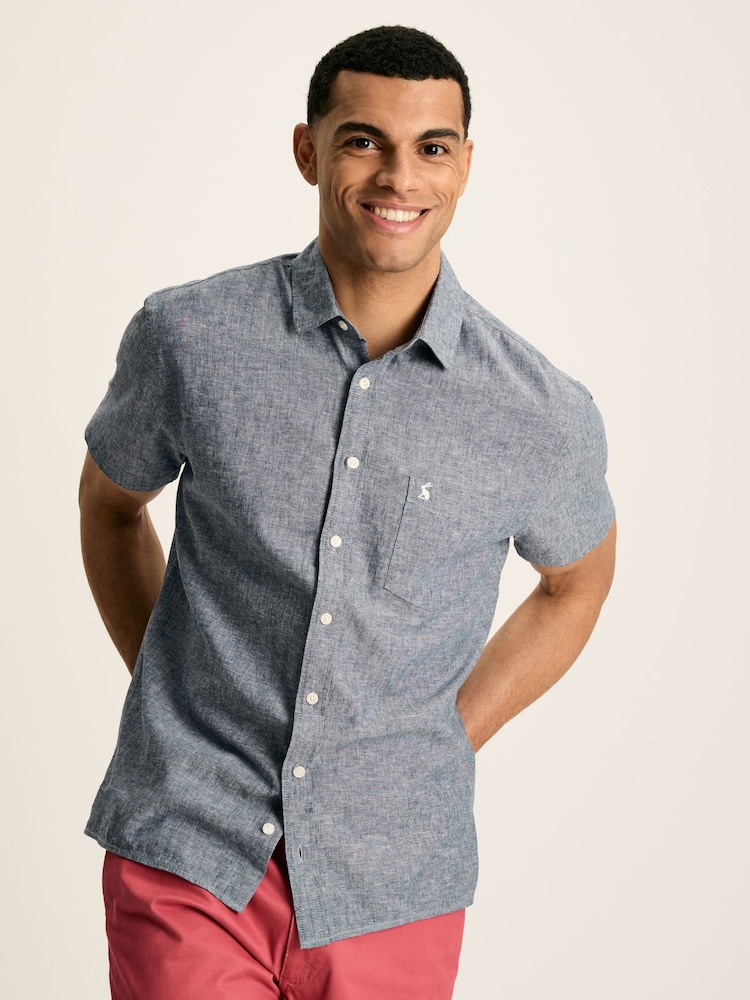 Joules Linen Blend Blue Plain Short Sleeve Shirt - Image 1 of 7 Joules Linen Blend Blue Plain Short Sleeve Shirt - Image 1 of 7