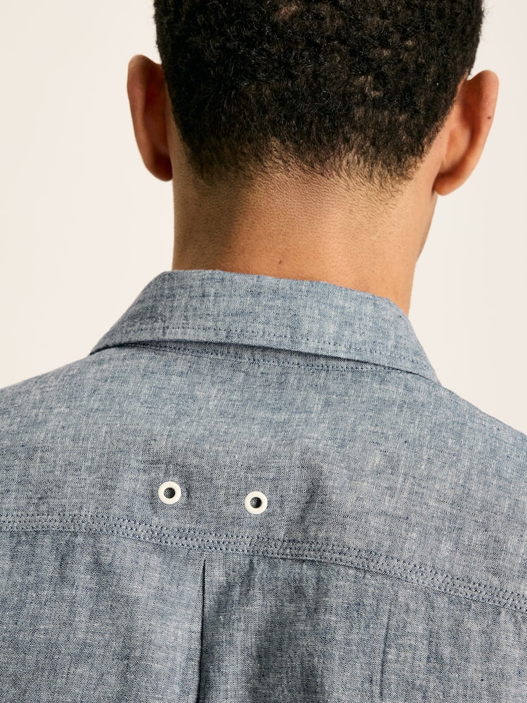 Joules Linen Blend Blue Plain Short Sleeve Shirt - Image 2 of 7 Joules Linen Blend Blue Plain Short Sleeve Shirt - Image 2 of 7