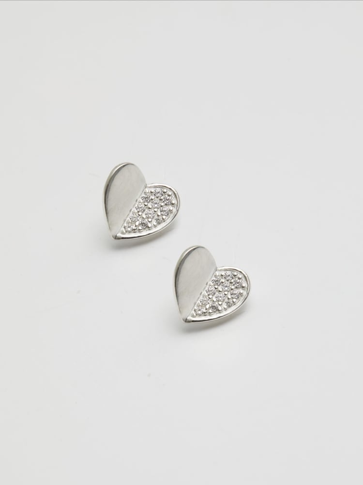 Simply Silver Sterling Silver Mini Heart Polished And Pave Stud Earrings - Image 1 of 2