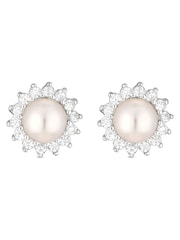 Simply Silver Sterling Silver Tone 925 Freshwater Pearl And Cubic Zirconia Halo Stud Earrings - Image 1 of 2
