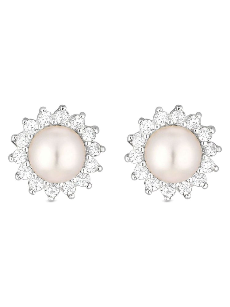 Simply Silver Sterling Silver Tone 925 Freshwater Pearl And Cubic Zirconia Halo Stud Earrings - Image 1 of 2