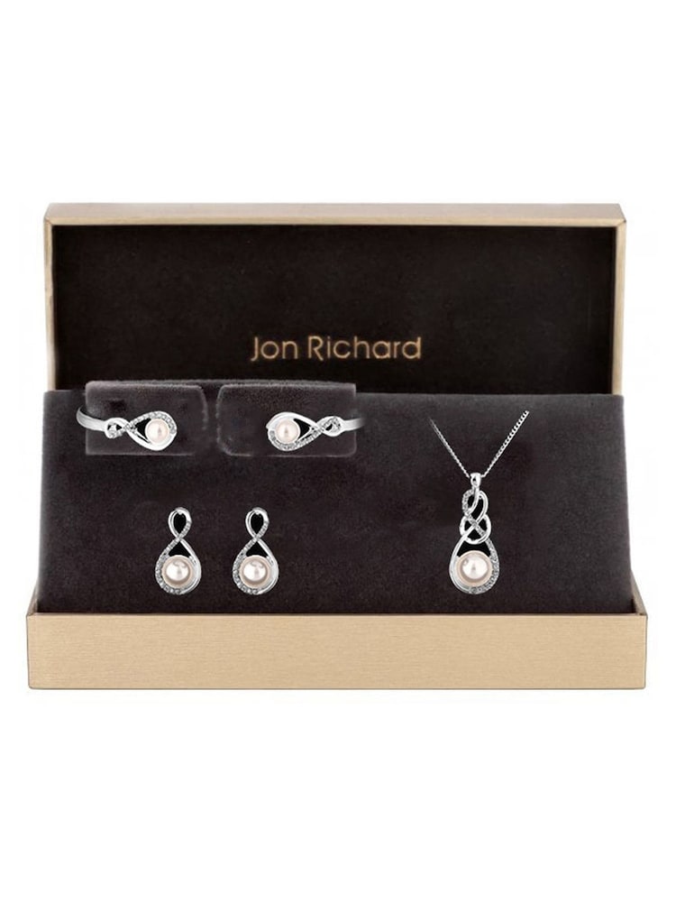 Jon Richard Silver Tone Plated Gift Boxed Crystal Infinity and Pearl Jewellery Set - Image 1 of 3