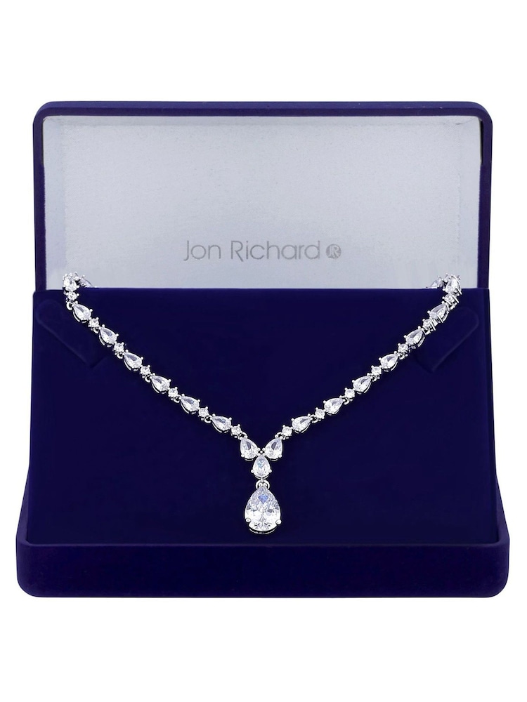 Jon Richard Silver Tone Rhodium Plated Cubic Zirconia Graduated Peardrop Gift Boxed Short Pendant Necklace - Image 1 of 2