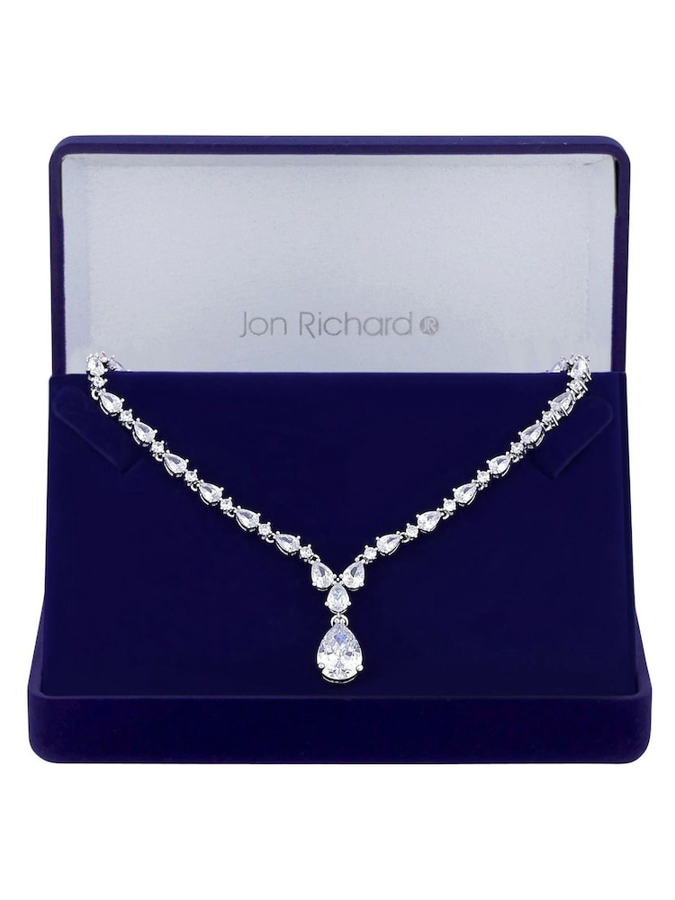 Jon Richard Silver Tone Rhodium Plated Cubic Zirconia Graduated Peardrop Gift Boxed Short Pendant Necklace - Image 2 of 2