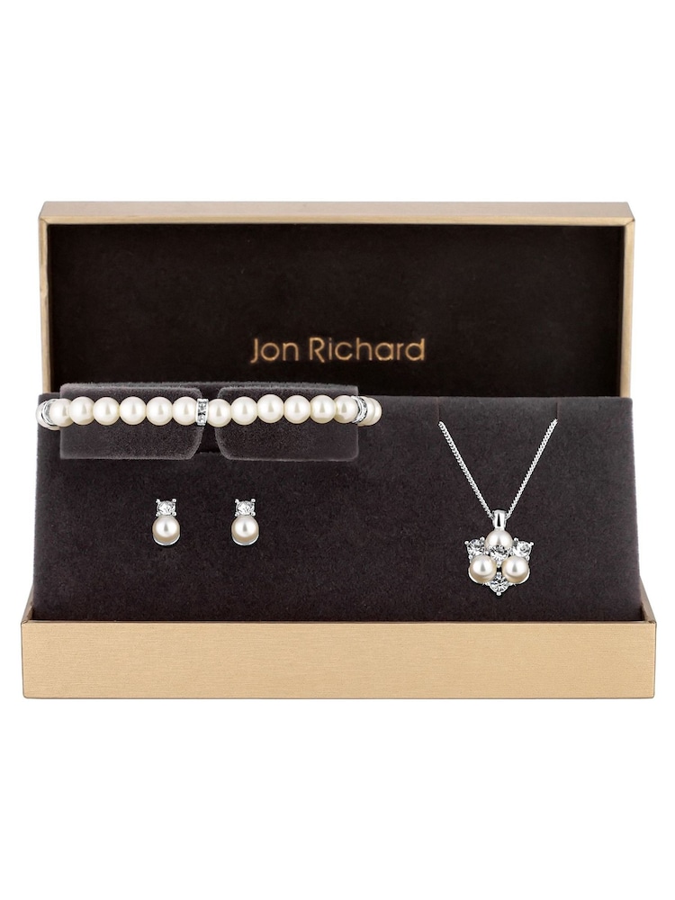 Jon Richard Halskette, Armband und Ohrringe mit Perlen- und transparentem Kristalldesign im Set - Bild 1 von 1
