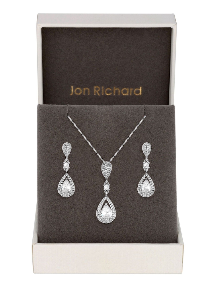 Jon Richard Silver Tone Clear Crystal Pave 3 Tier Pear Drop Necklace & Earring Matching Set - Image 1 of 3