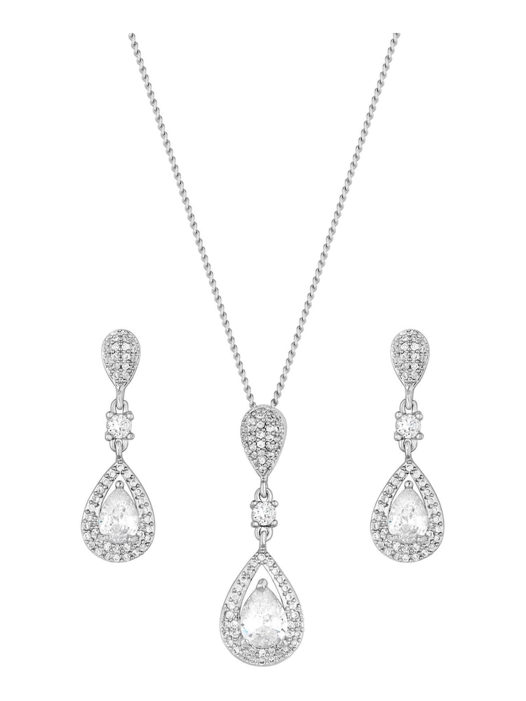 Jon Richard Silver Tone Clear Crystal Pave 3 Tier Pear Drop Necklace & Earring Matching Set - Image 2 of 3