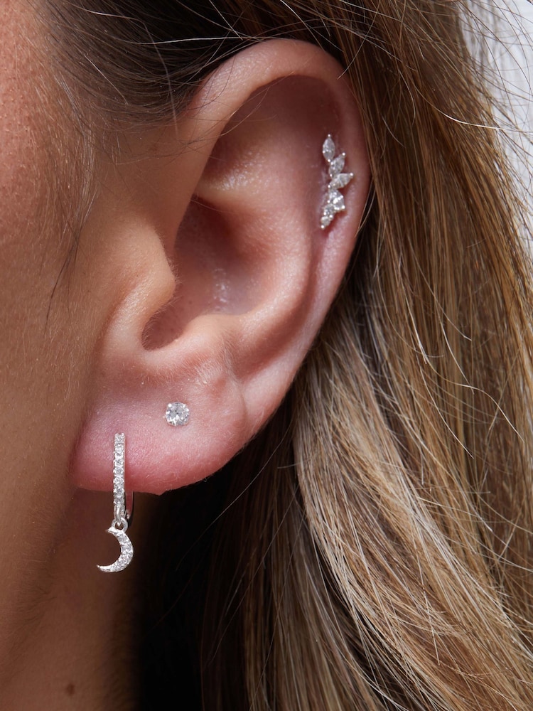 Simply Silver Sterling Silver Tone 925 Cubic Zirconia Mini Crescent Moon Hoop Earrings - Image 2 of 2