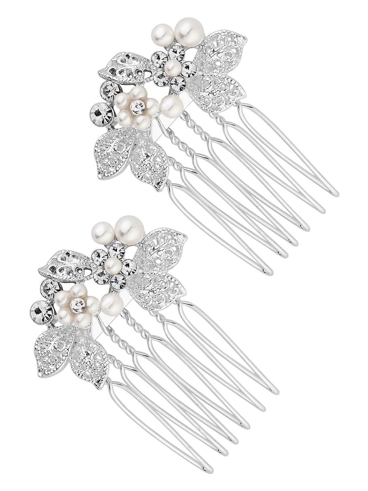 Jon Richard Silver Jessica Mini Floral Combs 2 Pack - Image 1 of 3 Jon Richard Silver Jessica Mini Floral Combs 2 Pack - Image 1 of 3