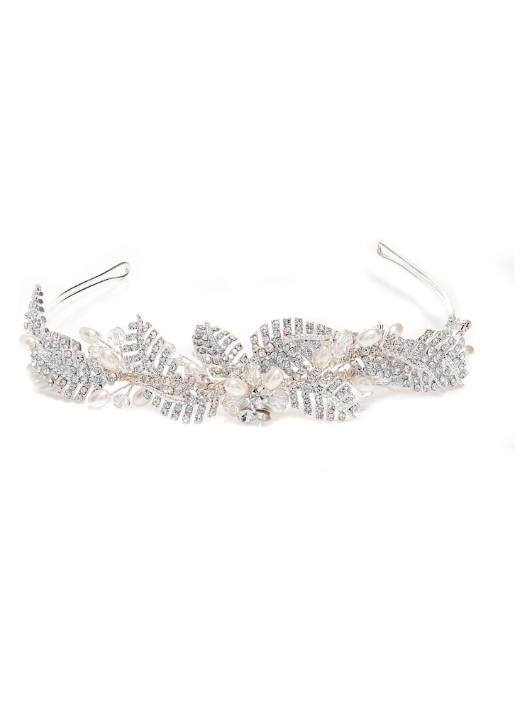 Jon Richard Silver Tone Leah Crystal Pave Gift Pouch Leaf And Pearl Tiara - Image 1 of 5