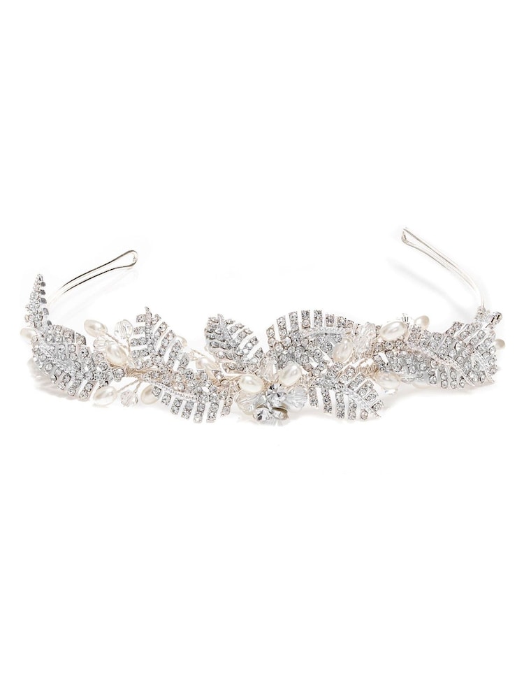 Jon Richard Silver Tone Leah Crystal Pave Gift Pouch Leaf And Pearl Tiara - Image 2 of 5