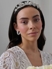 Jon Richard Silver Tone Leah Crystal Pave Gift Pouch Leaf And Pearl Tiara - Image 3 of 5