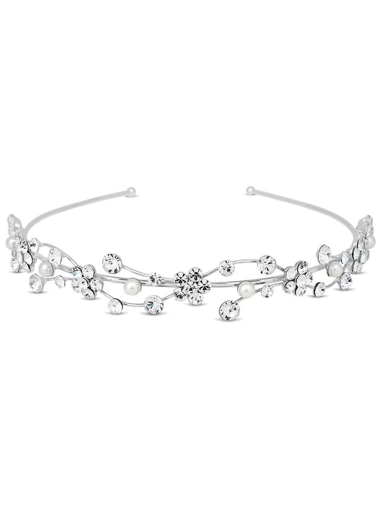 Jon Richard Silver Nina Crystal Flower And Pearl Waves Gift Pouch Headband - Image 1 of 3 Jon Richard Silver Nina Crystal Flower And Pearl Waves Gift Pouch Headband - Image 1 of 3