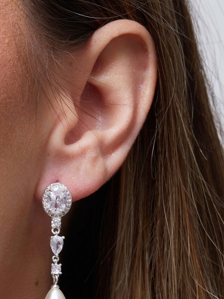 Jon Richard Silver Tone Crystal and Teardrop Pearl Drop Earrings - Image 2 of 2 Jon Richard Silver Tone Crystal and Teardrop Pearl Drop Earrings - Image 2 of 2