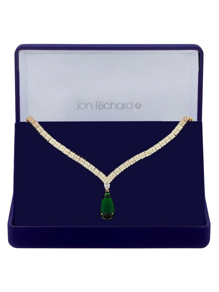 Jon Richard Gold Tone Cubic Zirconia Emerald Green Pear Drop Gift Boxed Collar Necklace - Image 1 of 2
