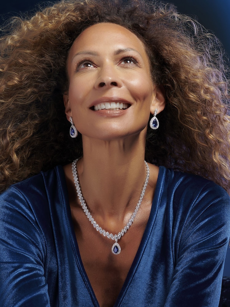 Jon Richard Silver Tone Rhodium Plated Cubic Zirconia Baguette Navette Sapphire Blue Pear Drop Earrings - Image 1 of 3