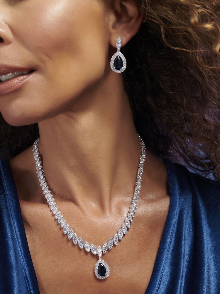 Jon Richard Silver Tone Rhodium Plated Cubic Zirconia Baguette Navette Sapphire Blue Pear Drop Earrings - Image 2 of 3
