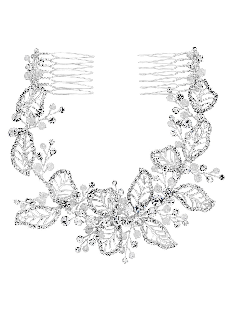Jon Richard Silver Plated Clear Crystal Olivia Pave Leaf Gift Pouch Double Hair Comb - Image 2 of 6