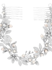 Jon Richard Silver Tone Plated Clara Brushed Leaves Fresh Water Pearl And Crystal Double Comb - Image 1 of 6