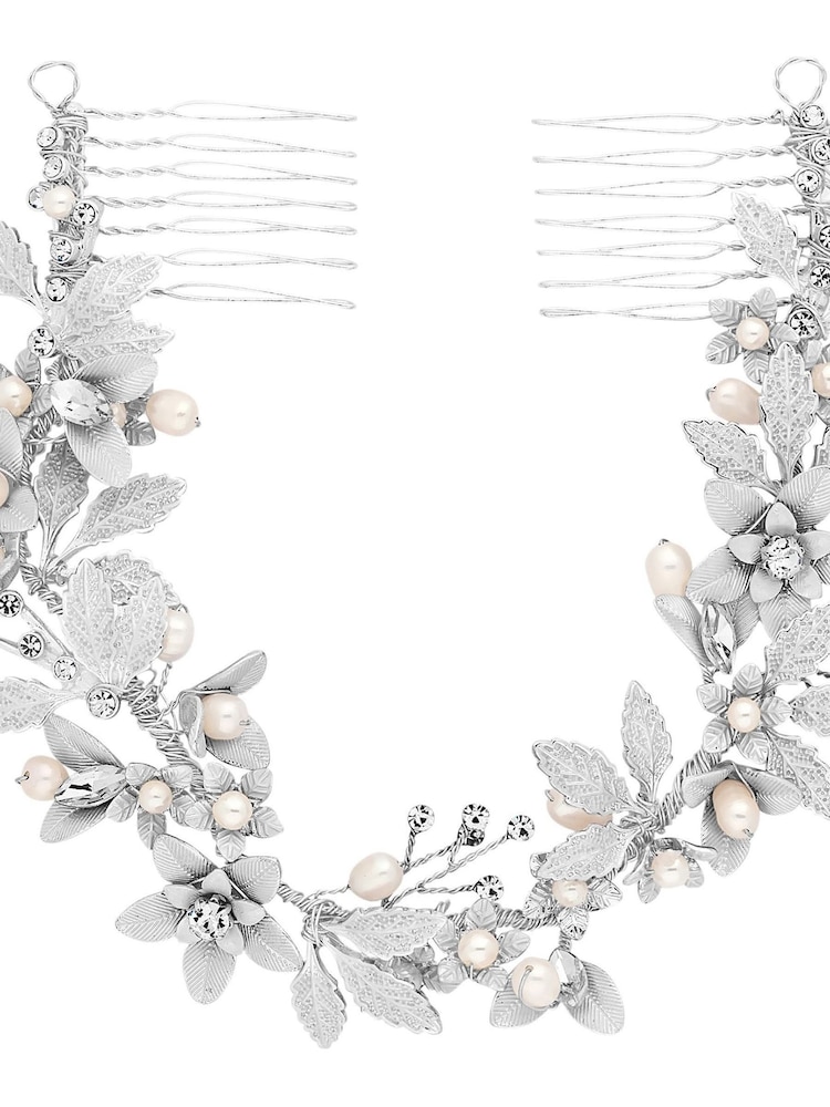 Jon Richard Silver Tone Plated Clara Brushed Leaves Fresh Water Pearl And Crystal Double Comb - Image 1 of 6
