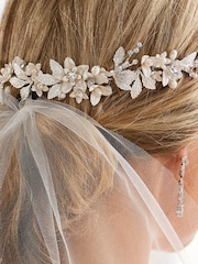 Jon Richard Silver Tone Plated Clara Brushed Leaves Fresh Water Pearl And Crystal Double Comb - Image 2 of 6