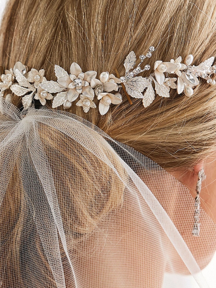 Jon Richard Silver Tone Plated Clara Brushed Leaves Fresh Water Pearl And Crystal Double Comb - Image 2 of 6