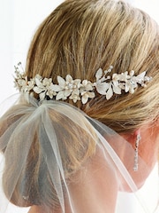 Jon Richard Silver Tone Plated Clara Brushed Leaves Fresh Water Pearl And Crystal Double Comb - Image 3 of 6