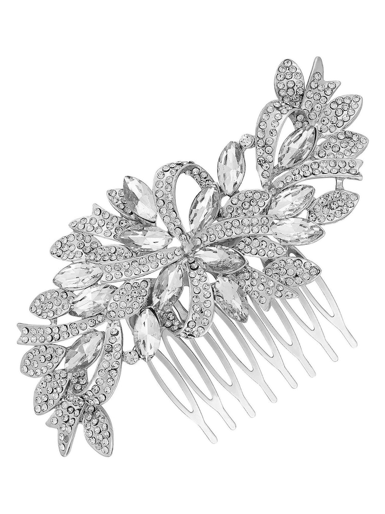Jon Richard Silver Tone Louisa Silver Navette Crystal Ribbon Swirl Comb - Gift Pouch - Image 1 of 3