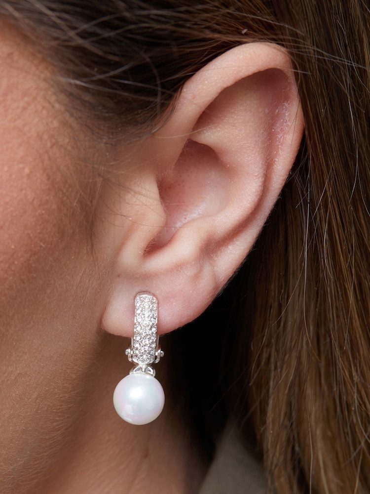 Jon Richard Silver Tone Clear Crystal Pave Half Hoop With Pearl Drop Clip On Earrings - Image 2 of 2 Jon Richard Silver Tone Clear Crystal Pave Half Hoop With Pearl Drop Clip On Earrings - Image 2 of 2