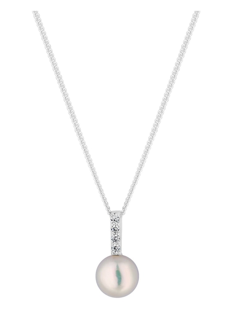 Simply Silver Sterling Silver 925 Cubic Zirconia Bar Freshwater Pearl Pendant Necklace - Image 1 of 4