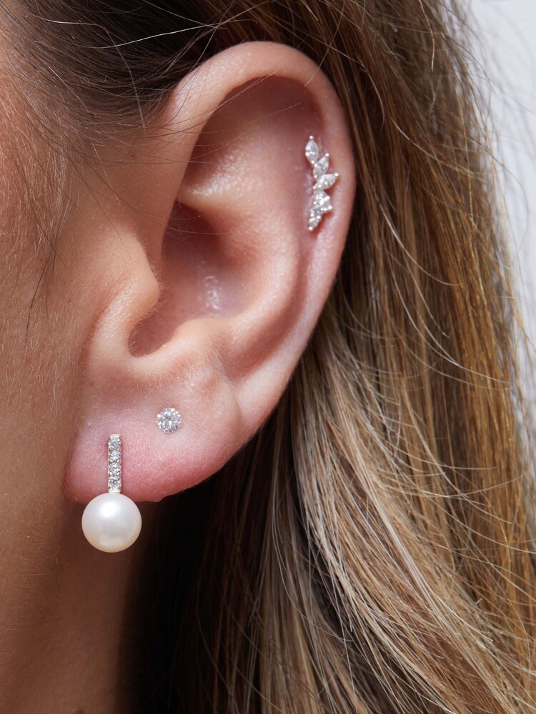 Simply Silver Sterling Silver Tone 925 White Freshwater Pearl Cubic Zirconia Bar Drop Earrings - Image 2 of 2